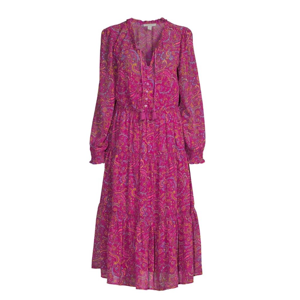 NEW! BEACHLUNCHLOUNGE PINK PAISLEY PRINT TIERED LONG SLEEVE MIDI DRESS L COTTAGE